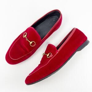 Gucci Red Velvet Horsebit Jordaan Loafers Size 38